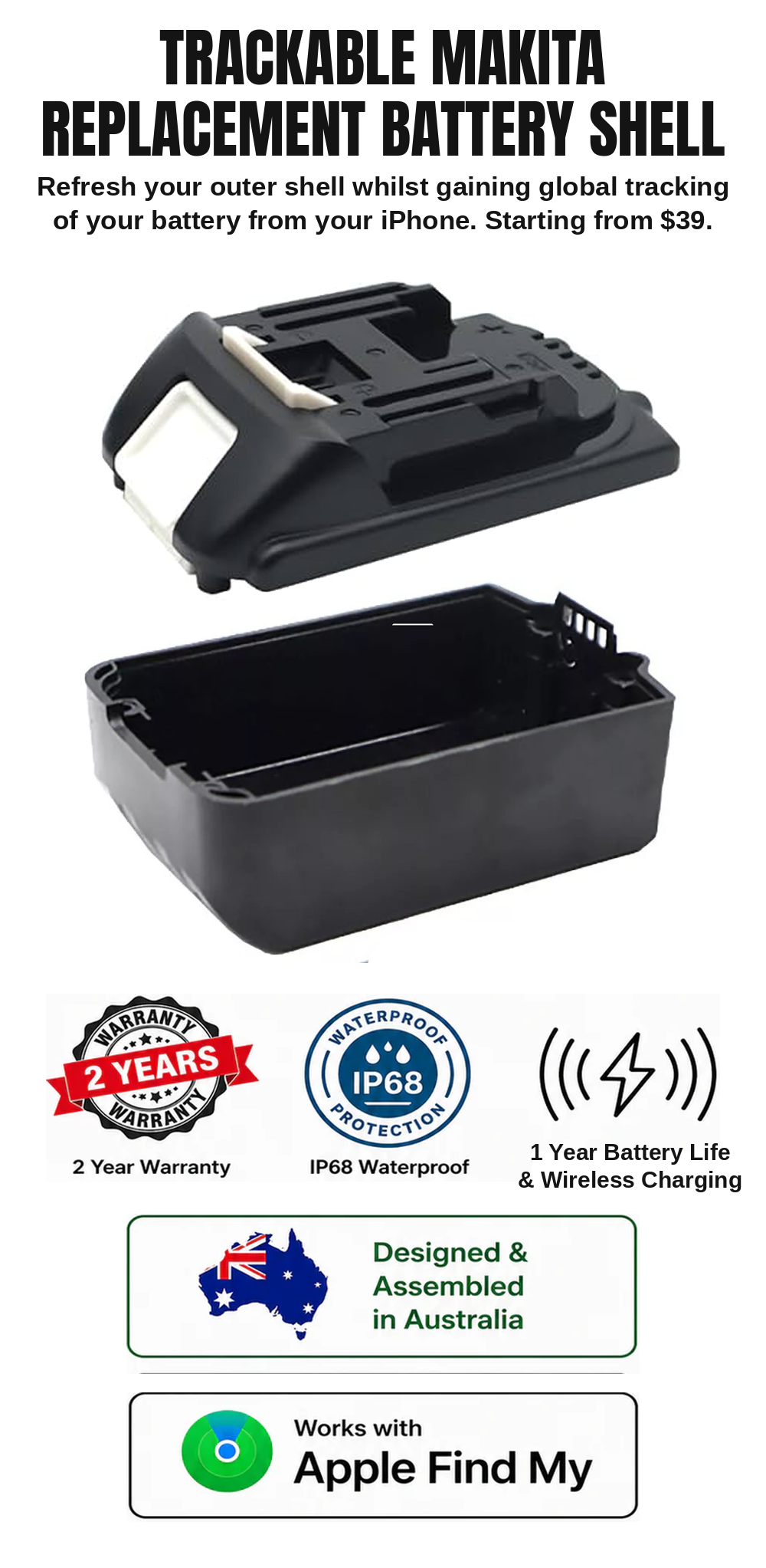 Retrofit Replacement Housing for Makita 5AH and 6AH Batteries with Built in Find My Tracking