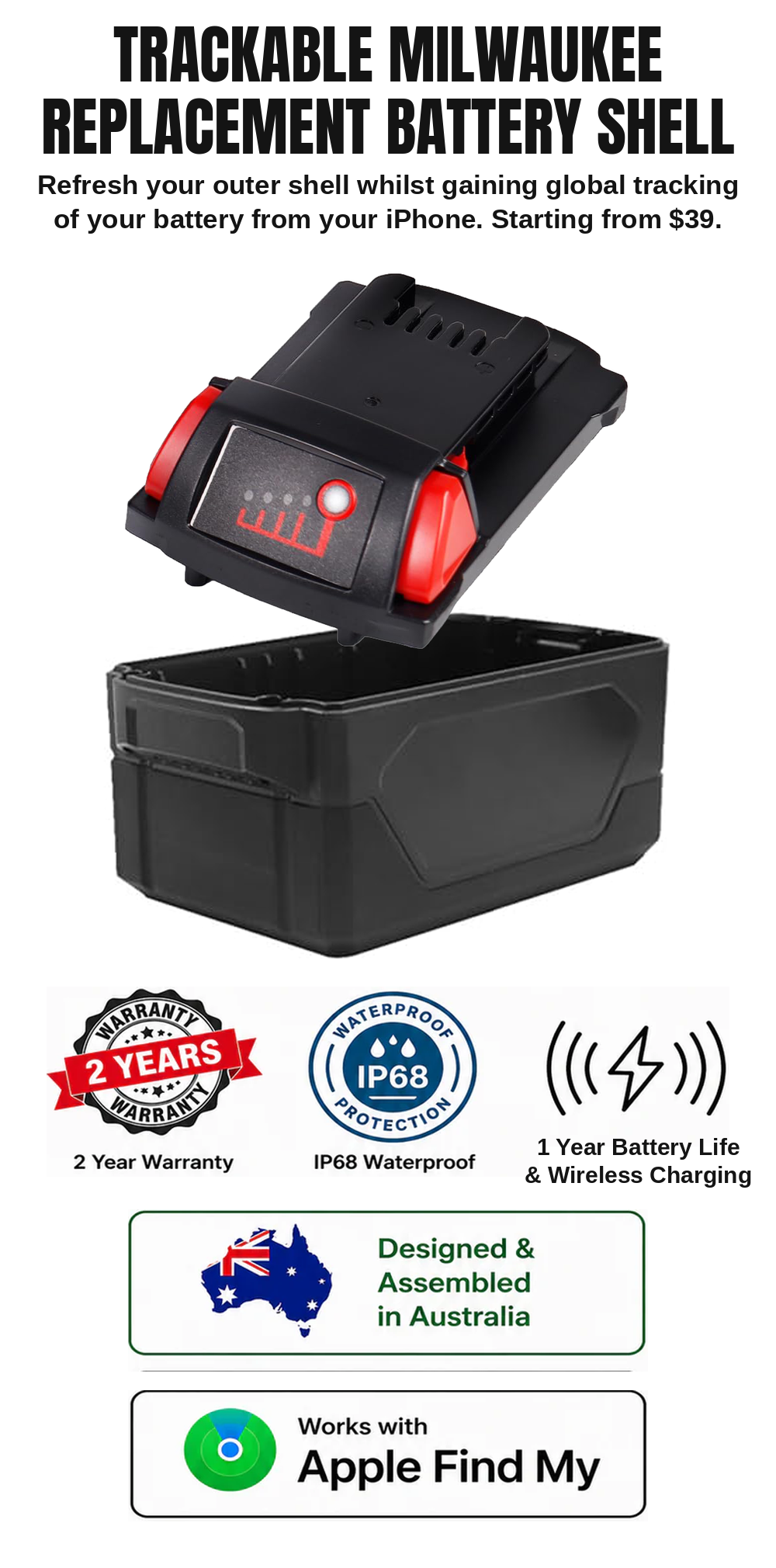 Retrofit Replacement Housing for Milwaukee 8AH Batteries with Built in Find My Tracking