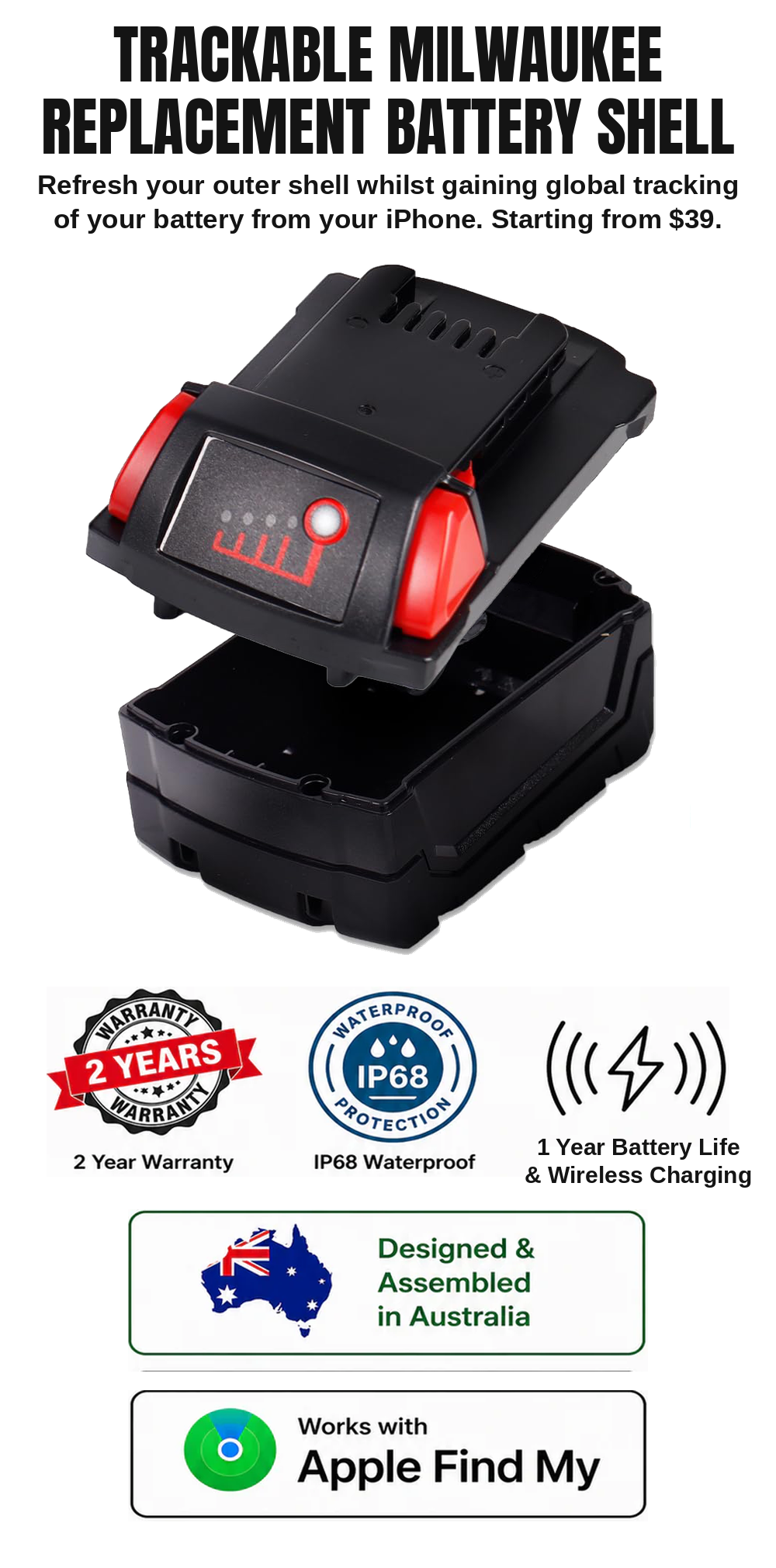 Retrofit Replacement Housing for Milwaukee 5AH and 6AH Batteries with Built in Find My Tracking